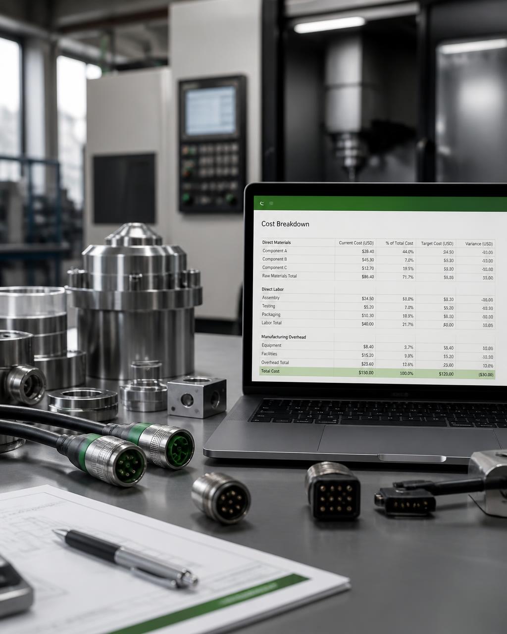 Precision machined components and connector assemblies beside a cost-breakdown analysis on a shop-floor workbench