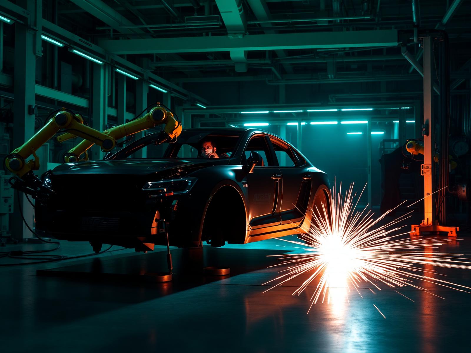 Modern automotive manufacturing line with robotic welding